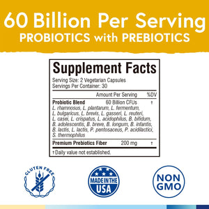 Terranics Probiotics 60 Billion CFU, 20 Strains, 60 Veg Capsules, Prebiotics & Probiotics, Shelf Stable Probiotic Supplement for Men & Women, Non-Gmo, NO Soy, Dairy & Gluten