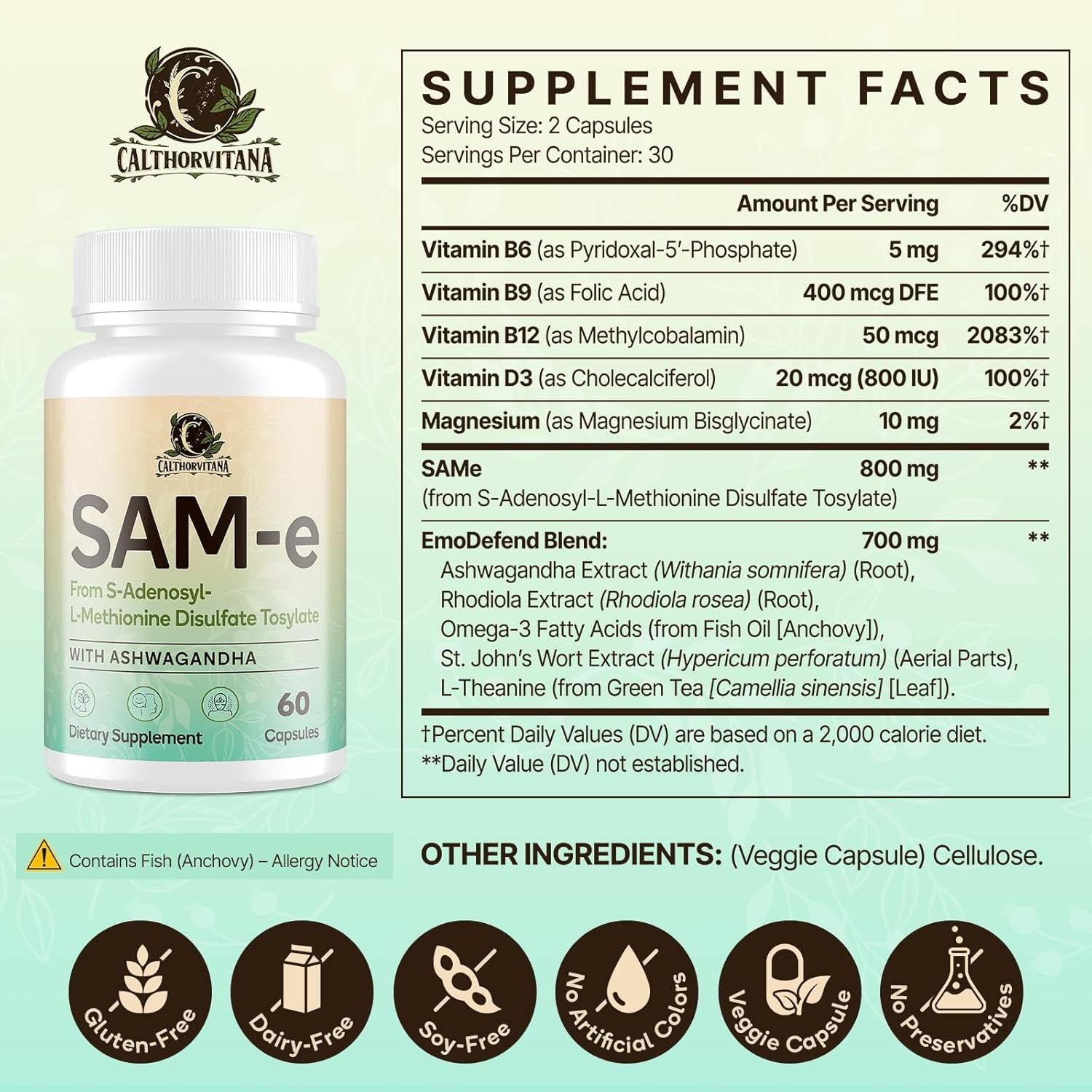 Sam-E Supplement – Capsule Complex with Ashwagandha Extract, L-Theanine, Rhodiola, St. John’S Wort, Omega-3 Fatty Acids, Magnesium, B Vitamins & D3, 60 Capsules