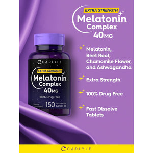 Carlyle Melatonin 40Mg Complex | 150 Fast Dissolve Tablets | Extra Strength Support | with Ashwagandha and Chamomile | Vegetarian, Non-Gmo, Gluten Free Supplement