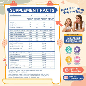 Kids Saffron Gummies: Mood Focus Support with Magnesium Glycinate, L-Theanine for Calm & Sleep, PS, Lion'S Mane, Choline Brain Support for School Concentration & Attention, Sugar Free, 90 Ct
