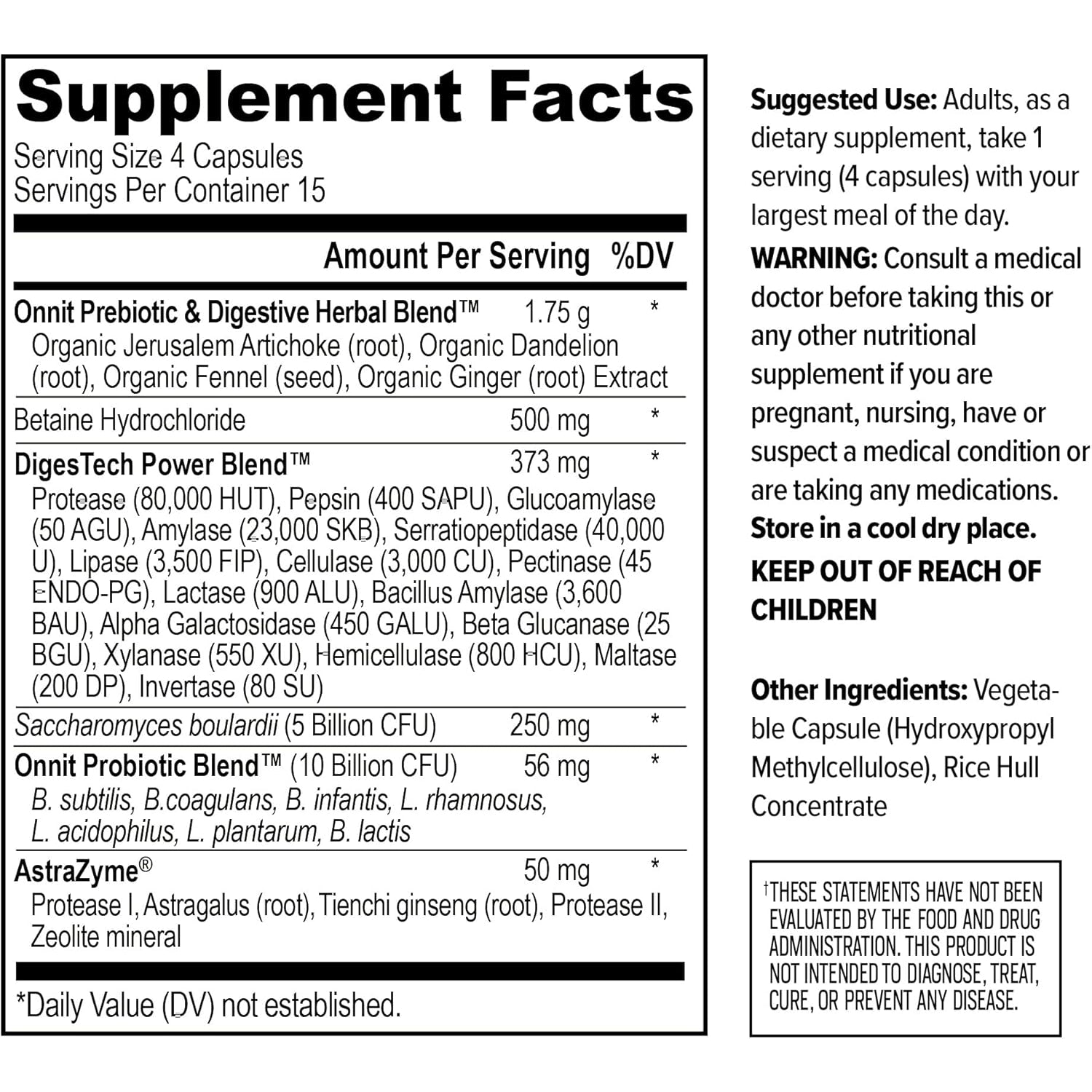 ONNIT Total Gut Health Daily Digestive Support, IGEN™ Non-Gmo Tested Digestion Supplement for Women and Men with 7 Strains of Probiotics, Prebiotics, Enzymes and Betaine HCL, 60 Count