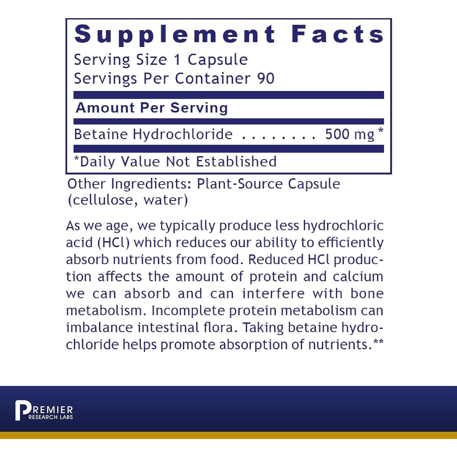 Premier Research Labs Premier HCL - Betaine HCL, Betaine Hydrochloride Supplement for Optimal Digestive Function, Nutrient Absorption, Betaine-Hcl for Low Stomach Acid- 90 Vegetarian Capsules