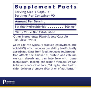 Premier Research Labs Premier HCL - Betaine HCL, Betaine Hydrochloride Supplement for Optimal Digestive Function, Nutrient Absorption, Betaine-Hcl for Low Stomach Acid- 90 Vegetarian Capsules