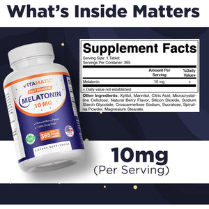 Vitamatic Melatonin 10 Mg Fast Dissolve Tablets – Quick-Dissolving Sleep Support Supplement for Adults – Vegetarian, Non-Gmo & Gluten-Free – Natural Berry Flavor – 365 Tablets