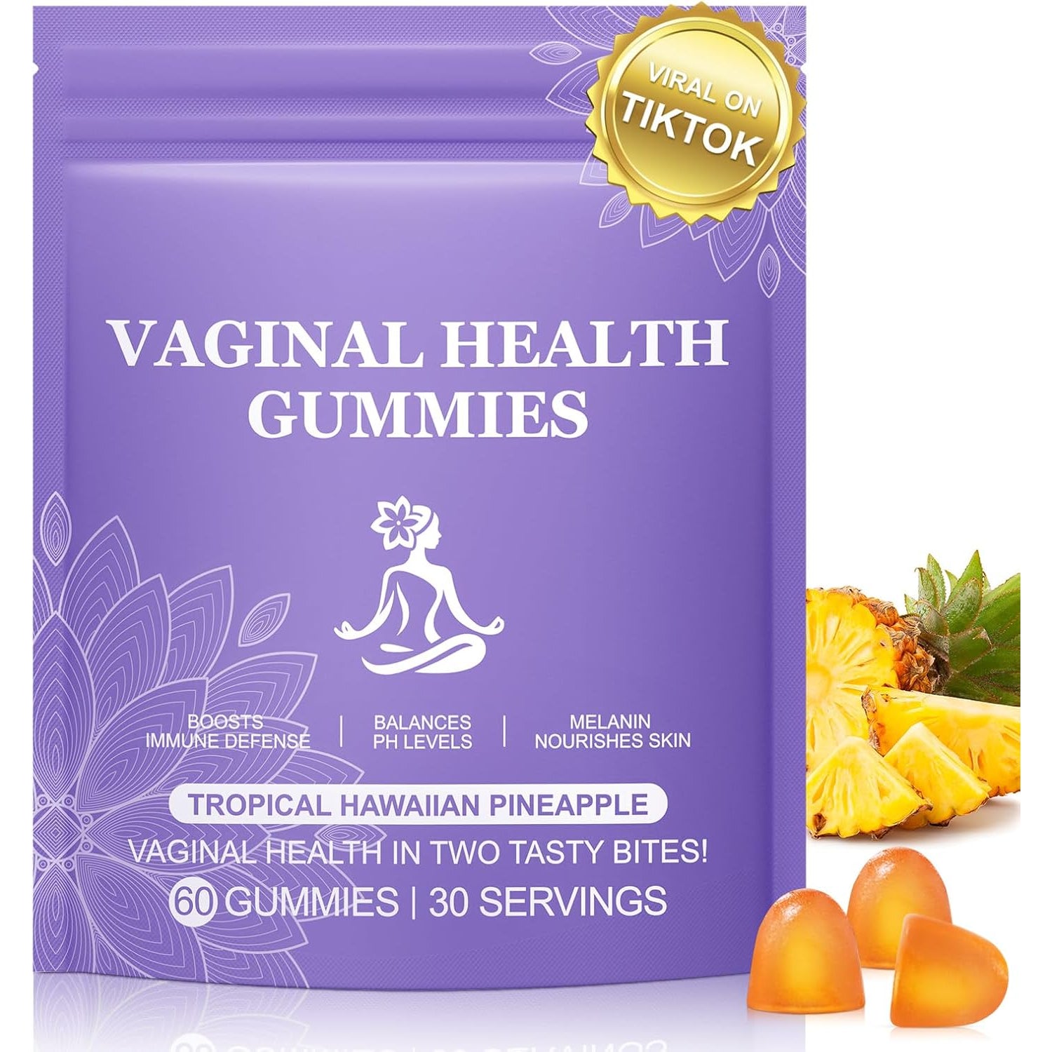 Pineapple Gummies for Women PH 60 Count, PH Balance for Women, Probiotics Vaginal Gummy, Improve Immune, Hawaiian Pineapple Flavor, Vegan & Low Sugar, Premium Balance Gummies