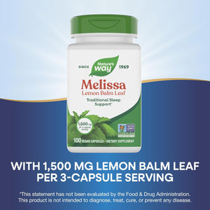 Nature'S Way Melissa Lemon Balm Leaf, Traditional Sleep Support*, Melatonin Free, 1500 Mg per 3-Capsule Serving, Non-Gmo Project Verified, 100 Vegan Capsules (Packaging May Vary)