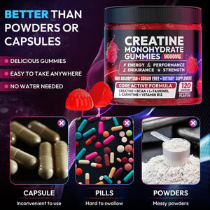 Creatine Gummies Monohydrate Complex, Pre-Workout for Men & Women, Creatine Gummy with L-Taurine, BCAA 2:1, B12/6 for Muscle Support, Enhance Strength, Energy Boost-120 Count