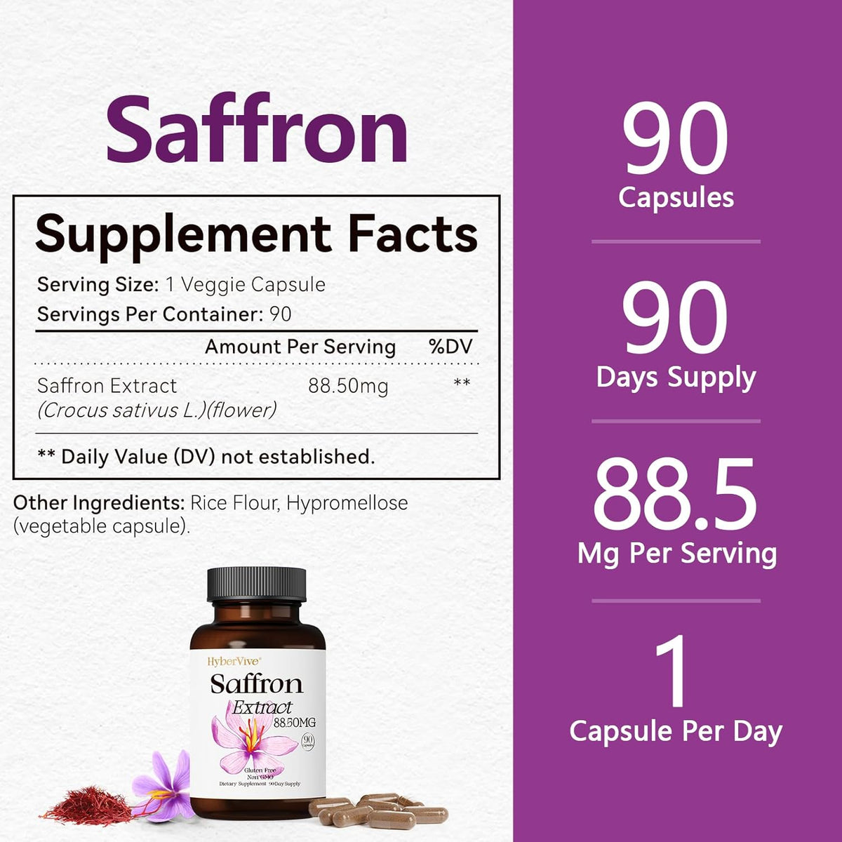 Saffron Supplements 88.5MG | 90 Vegan Capsules, Happy Saffron Extract for Mood Energy Eye Focus Support for Women & Men, 100% Pure Ingredients, Made in USA, Non-Gmo & Gluten-Free