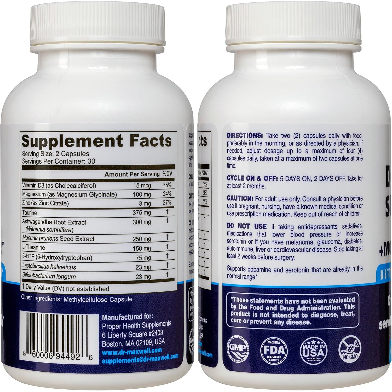 Dr. Maxwell Serotonin and Dopamine Supplements with Mood Probiotic, 5In1 Support for (1) Dopamine (2) Serotonin (3) Mood (4) Relaxation (5) Focus & Brain, 60 Capsules