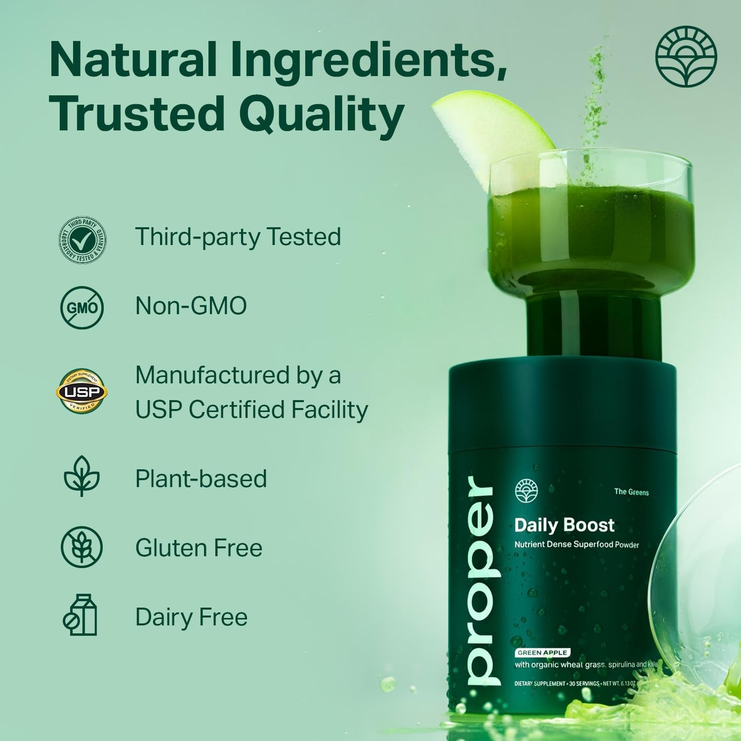 Proper, the Greens Daily Boost Organic Greens Powder. Whole Food, Apple Flavour Veggie Powder Superfood with Wheatgrass, Spirulina, Chlorella, Probiotics. Daily Drink Mix for Wellness and Digestion