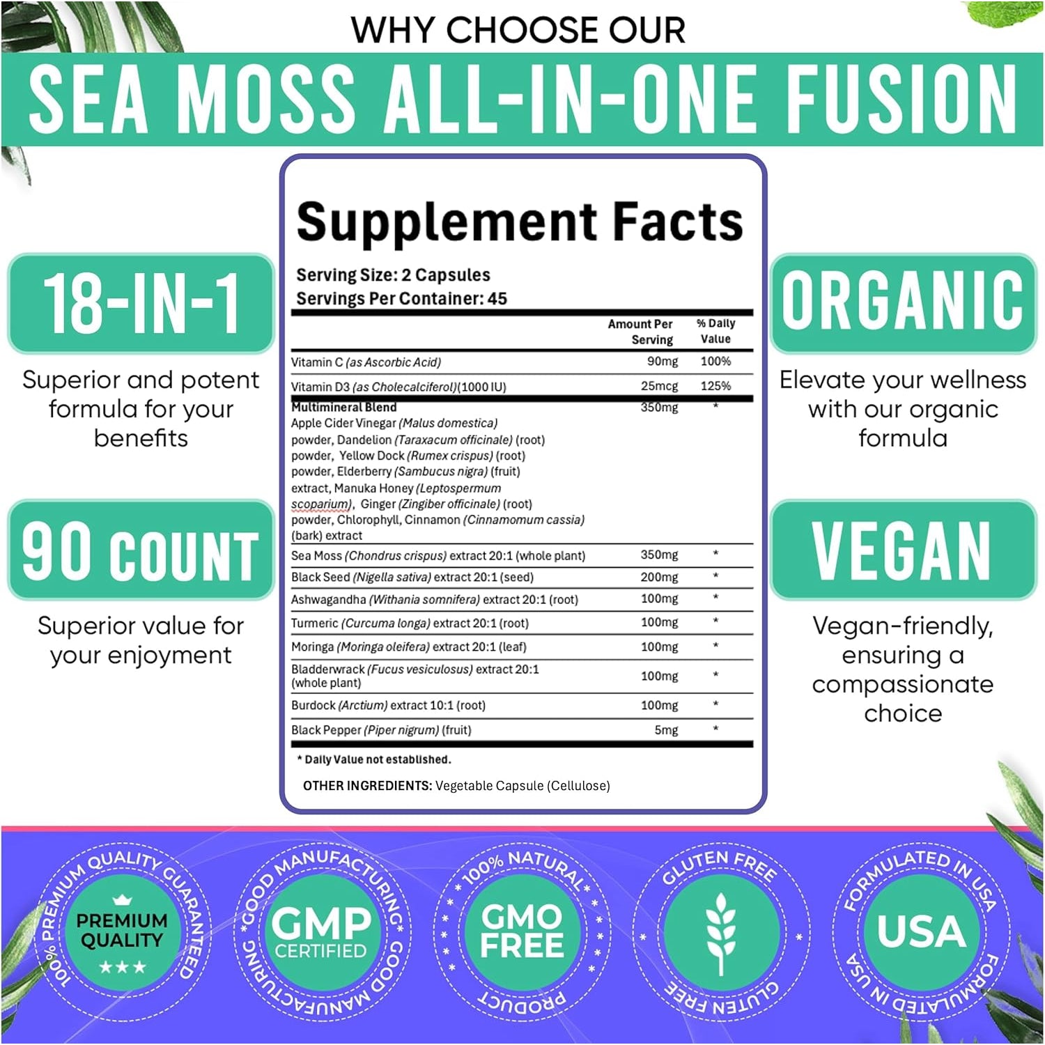 Adndale Sea Moss Capsules - Sea Moss Blend with Ashwagandha, Turmeric & Black Seed Oil - 180 Count