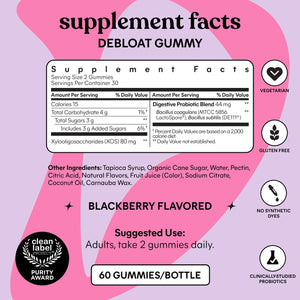 Lemme Debloat - Digestive & Gut Health Gummies with 2 Clinically Studied Probiotics & Prebiotic, Vegetarian, Gluten Free, Non GMO, Blackberry Flavor (60 Count)