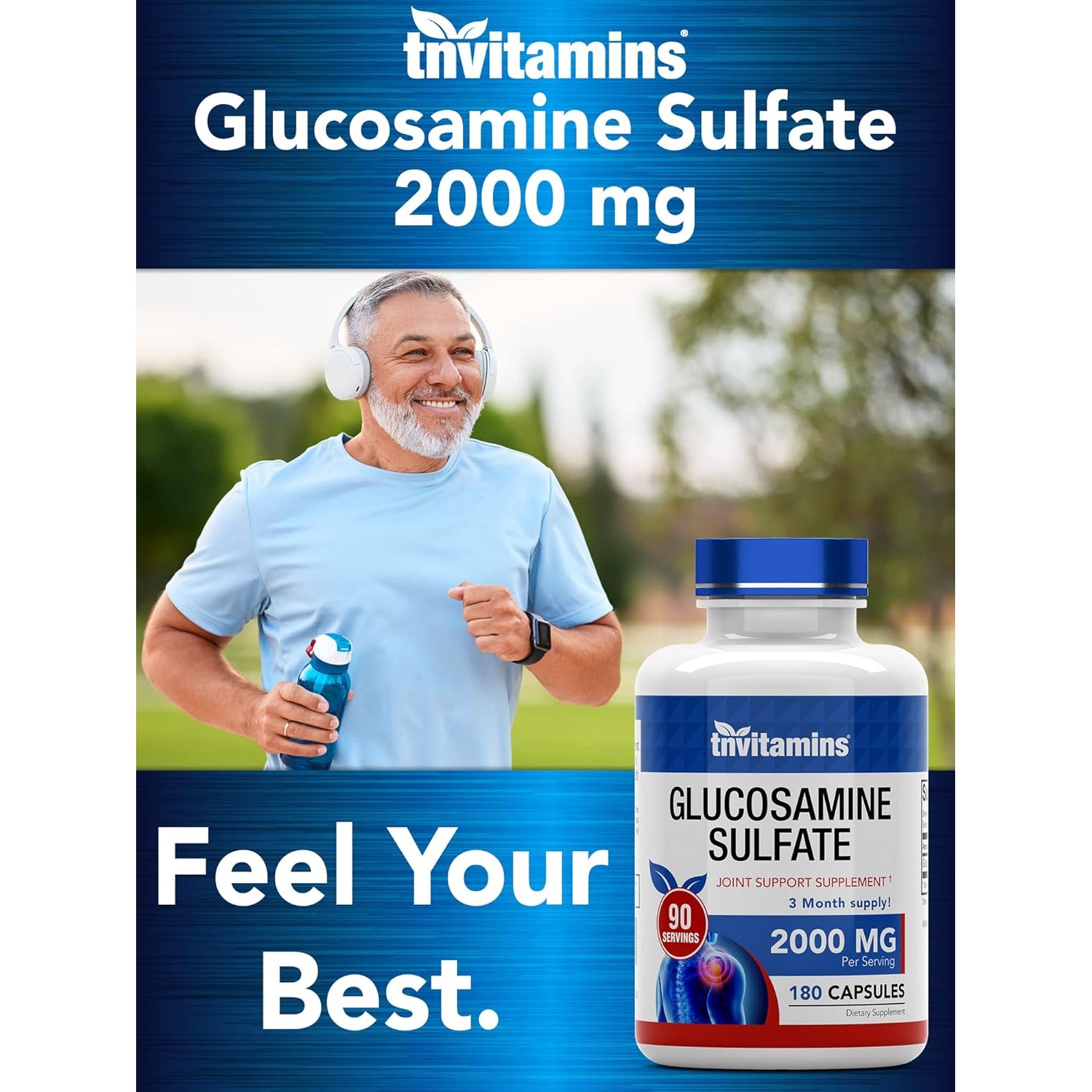 Tnvitamins Glucosamine Sulfate Capsules 2000 MG (180 Count) | Joint Support* Supplement for Women & Men | Produced in the USA | Promotes Flexibility & Mobility