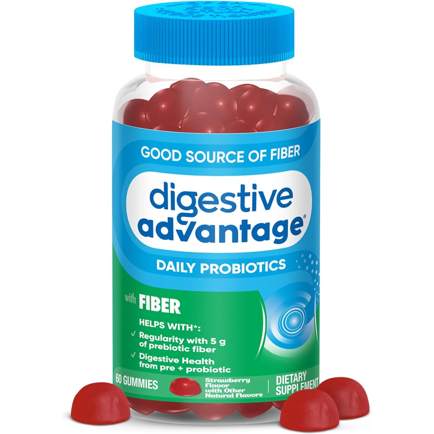 Digestive Advantage Prebiotic Fiber Supplement with Probiotics for Women & Men Digestive Health, Fiber Gummies for Adults Regularity and Gut Health, 60Ct Strawberry Flavor