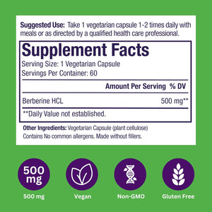 Paradise Herbs, Berberine Extract, 500 Mg, Pure & Potent Berberine Supplement, Vegan, Non-Gmo, Gluten Free, 60 Vegetarian Capsules