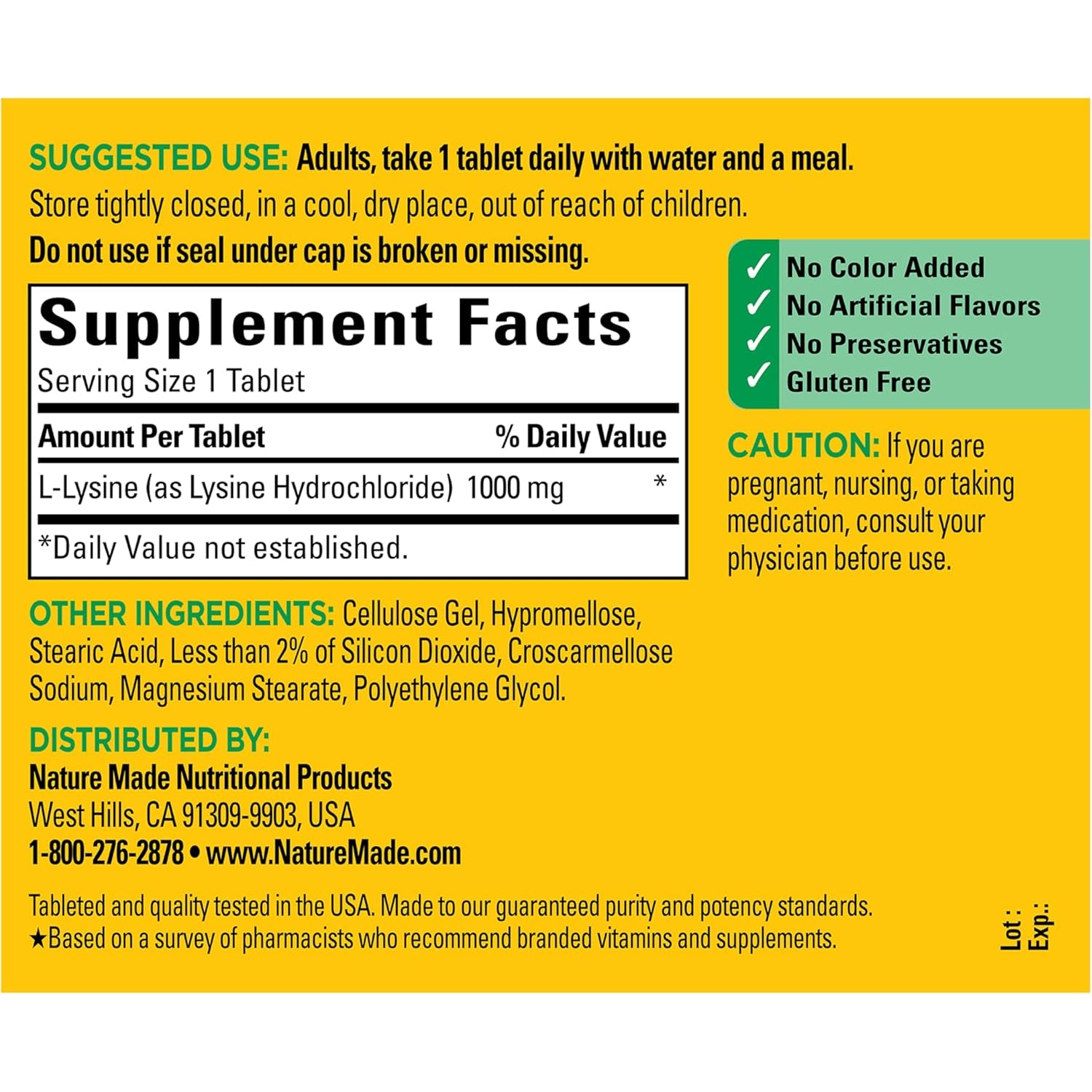Nature Made L-Lysine 1000 Mg, Dietary L-Lysine Supplements, 60 Tablets, 60 Day Supply