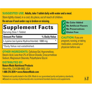 Nature Made L-Lysine 1000 Mg, Dietary L-Lysine Supplements, 60 Tablets, 60 Day Supply