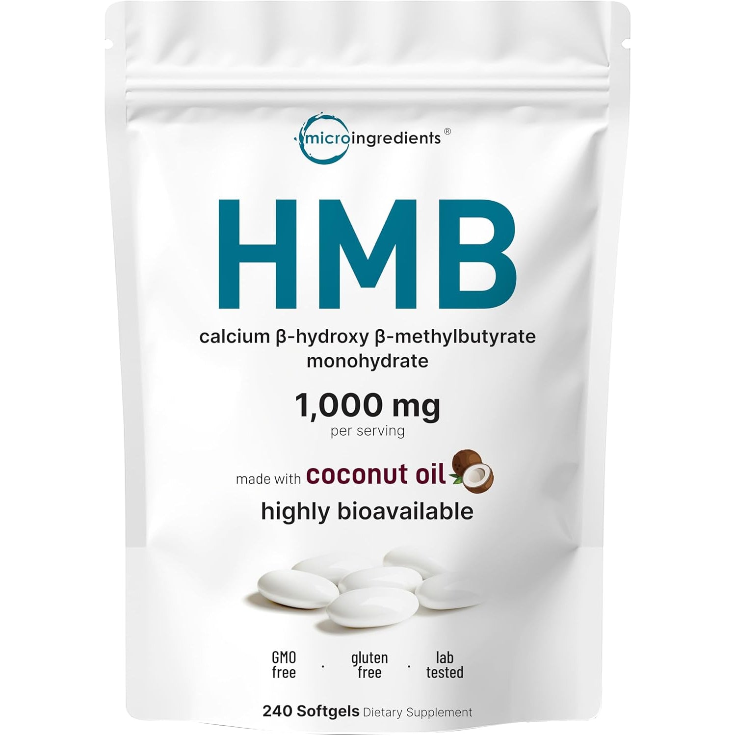 HMB 1,000Mg | 240 Softgels with Coconut Oil | Highly Bioavailable | HMB Supplements for Men & Women | Calcium Beta-Hydroxy Beta-Methylbutyrate | Supports Lean Muscle Mass & Muscle Recovery