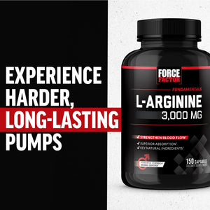 Force Factor L-Arginine Nitric Oxide Supplement with Bioperine to Help Build Muscle and Support Stronger Blood Flow, Circulation, Nutrient Delivery, and Pumps, L-Arginine 3000Mg, 3G, 150 Capsules