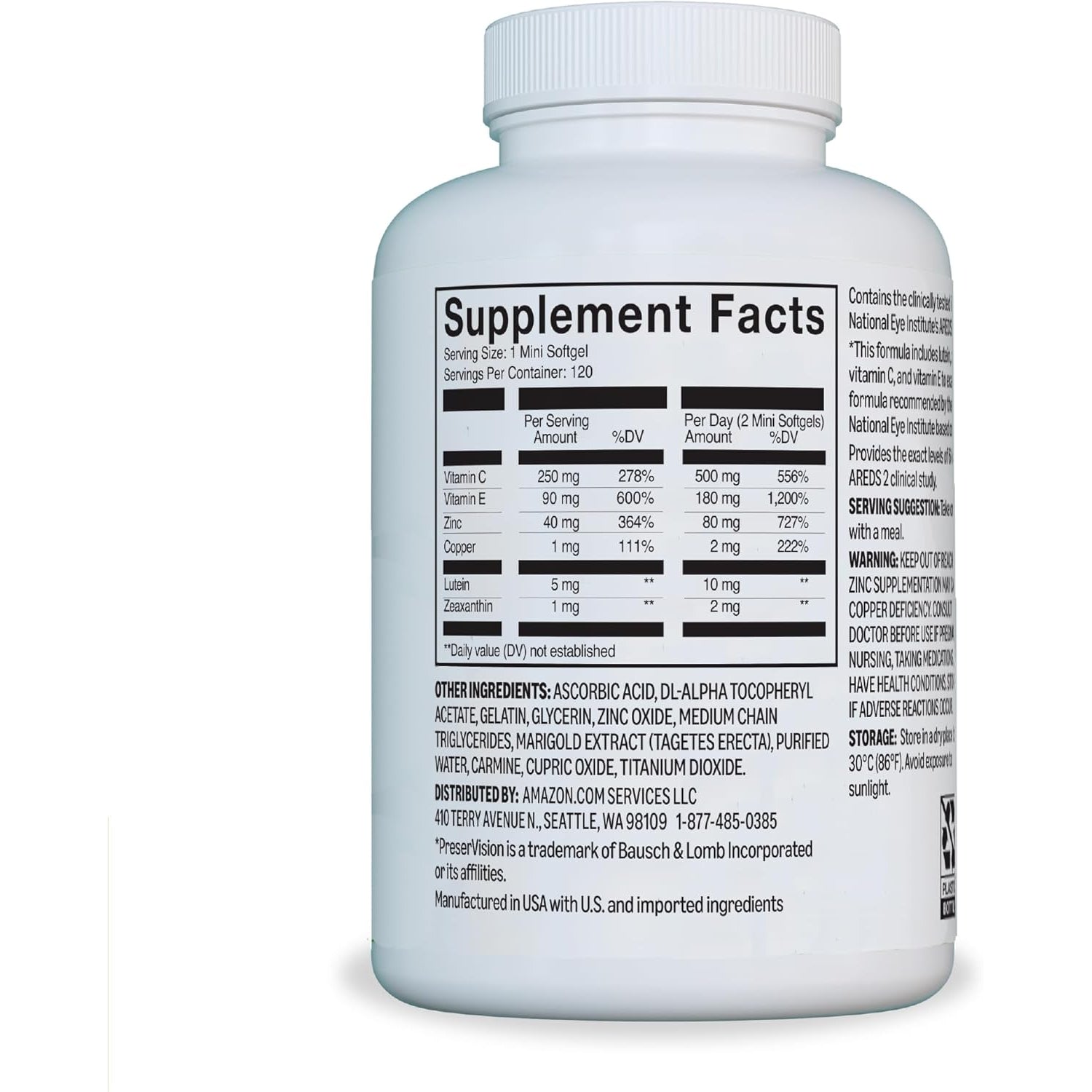 Amazon Basics Eye Vitamin and Mineral Supplement, AREDS 2 Formula with Lutein & Zeaxanthin, 120 Softgels