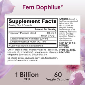Jarrow Formulas Fem-Dophilus Vaginal Probiotics 1 Billion CFU with 2 Science-Backed Strains, Dietary Supplement for Vaginal & Urinary Tract Support, 60 Capsules, 60 Day Supply, Shelf-Stable Probiotics