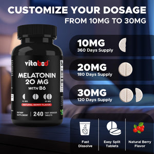 Vitabod Melatonin 20 Mg - 240 Fast Dissolve Tablets - Drug Free - Natural Berry Flavor - Vegetarian, Non-Gmo, Gluten Free 240 Count (Pack of 1) (240 Count (Pack of 1))