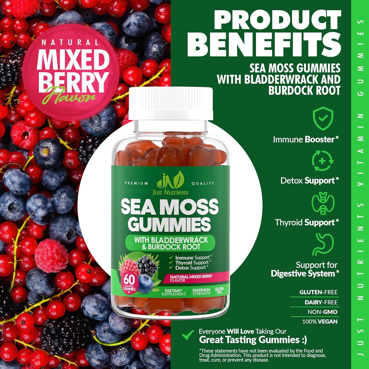 Sea Moss 3000Mg Gummies with Bladderwrack and Burdock Root - Natural Irish Sea Moss Superfood for Immune, Thyroid and Detox Support - Extra Strength for Men & Women - Gluten-Free, Vegan - 60 Gummies
