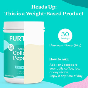 Further Food Unflavored Collagen Peptides Powder - 100% Grass-Fed, Hydrolyzed Type 1 & 3, 20G of Collagen per Serving, Supports Skin, Hair, Nails & Joints, 21.16 Oz