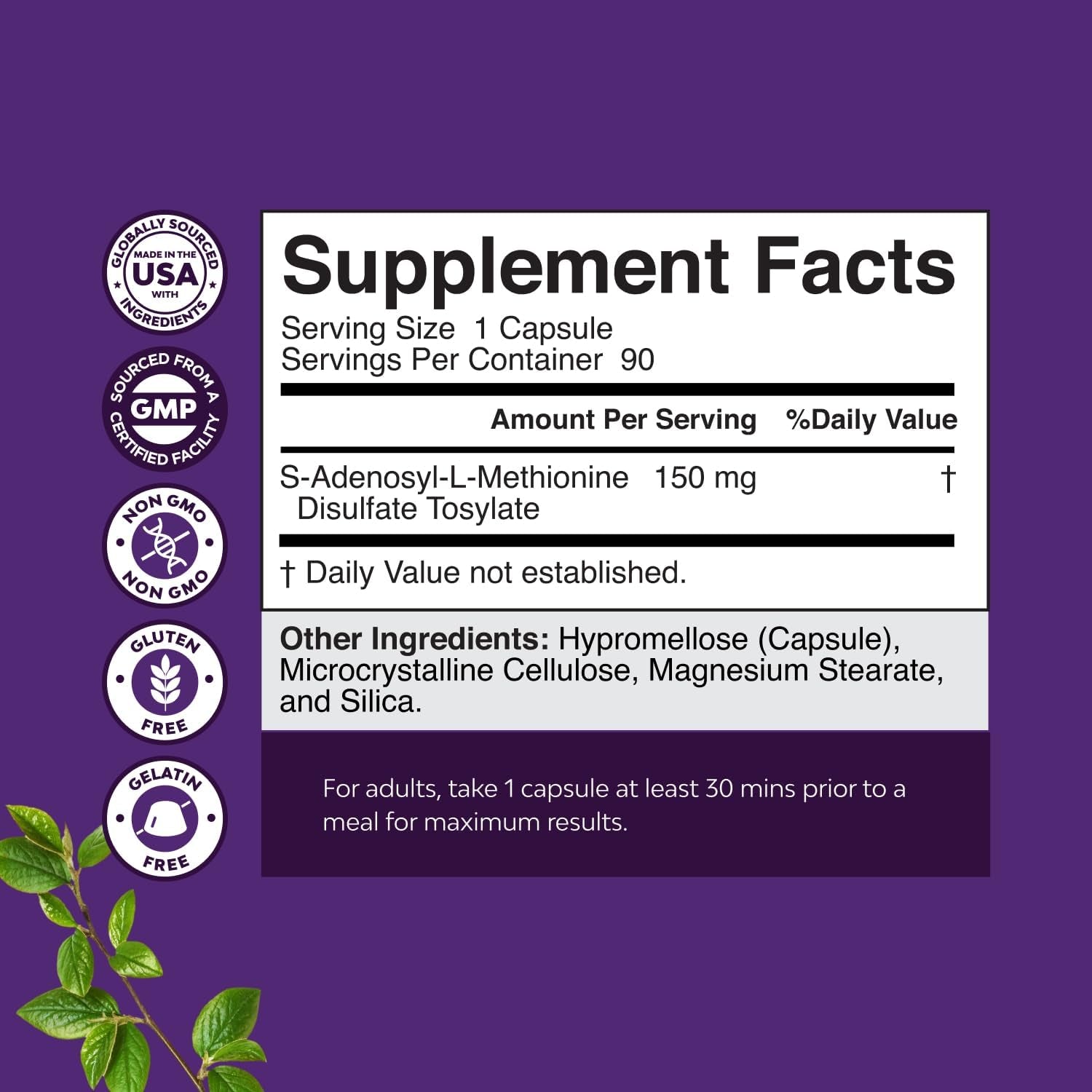 Pure SAM E Supplement 150Mg - Nootropic Same 150Mg per Serving for Memory & Brain Support Joint & Liver Health - Natural S-Adenosylmethionine for Mood Balance - 90 Count