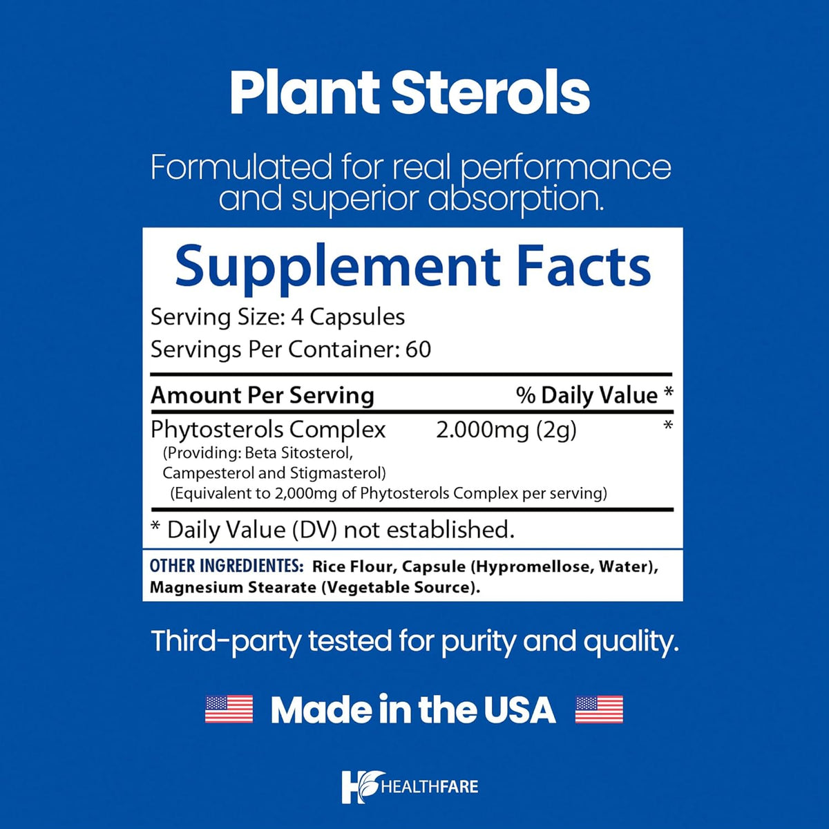 Healthfare Plant Sterols Capsules 2000Mg | 240 Vegan Capsules | Beta Sitosterol & Phytosterol Complex | Plant-Based Supplement | Non-Gmo & Gluten-Free | Made in the USA