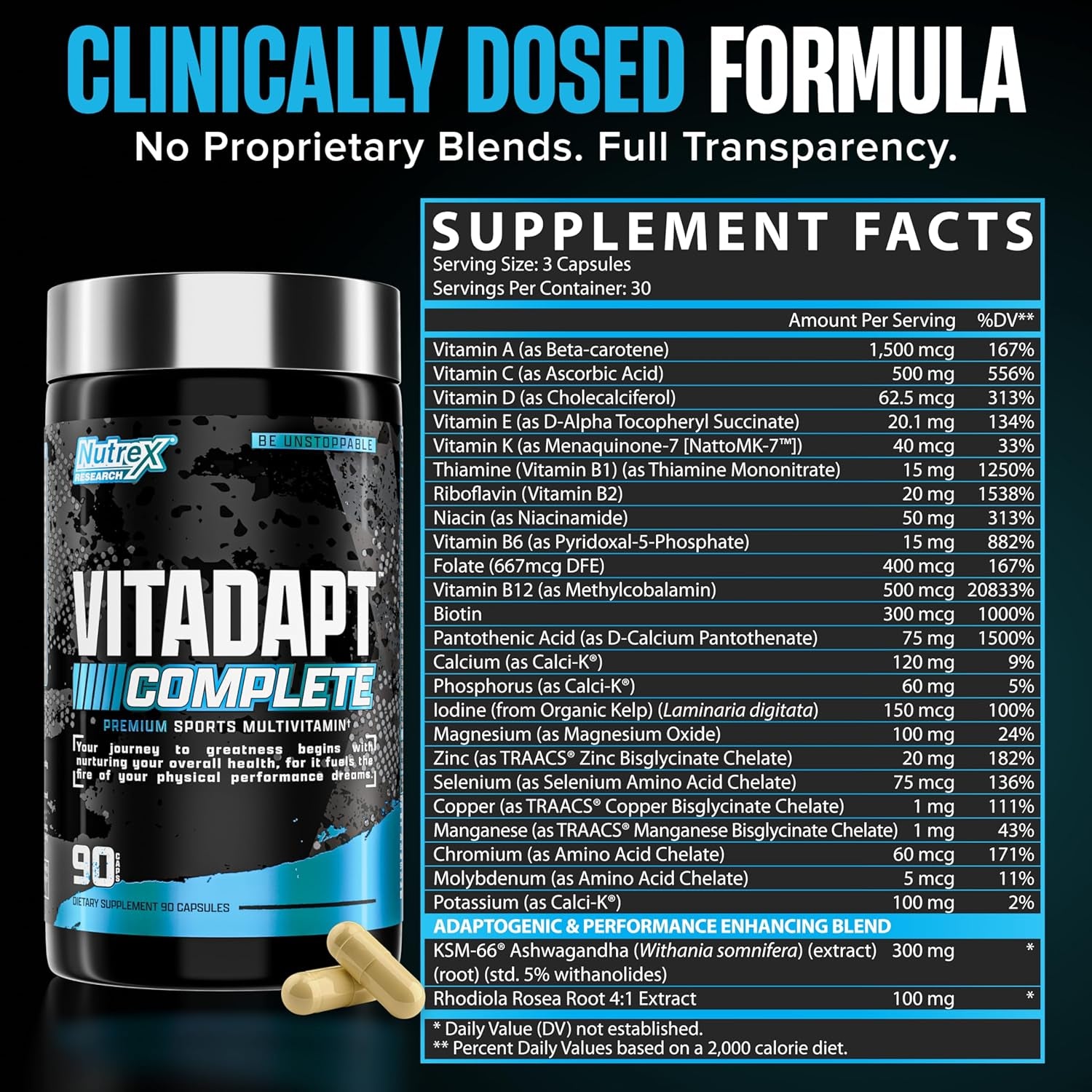 Nutrex Research Vitadapt Complete Sports Multivitamin for Men - 24 Vitamins, KSM-66 Ashwagandha and Minerals for Athletes - Mens Multivitamin (90 Capsules)