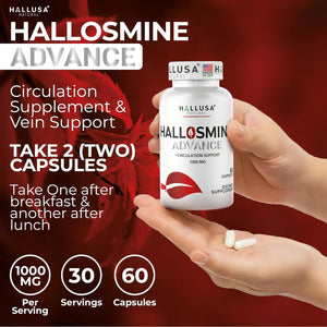 Hallosmine Advance 1000Mg Diosmin Capsules – Max Strength Circulation & Vein Support Supplement, Vascular Health, Visible Veins, Spider Veins, Blood Flow, Swelling & Heavy Legs, 60 Count