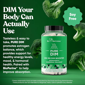 DIM Supplement Pure 200 Mg for Women or Men - Estrogen Hormone Balance Supplement for Energy, Fatigue, Stress, Menopause, Hot Flashes - Enhanced Bioavailability Bioperine - 60 Vegan Soft Capsules