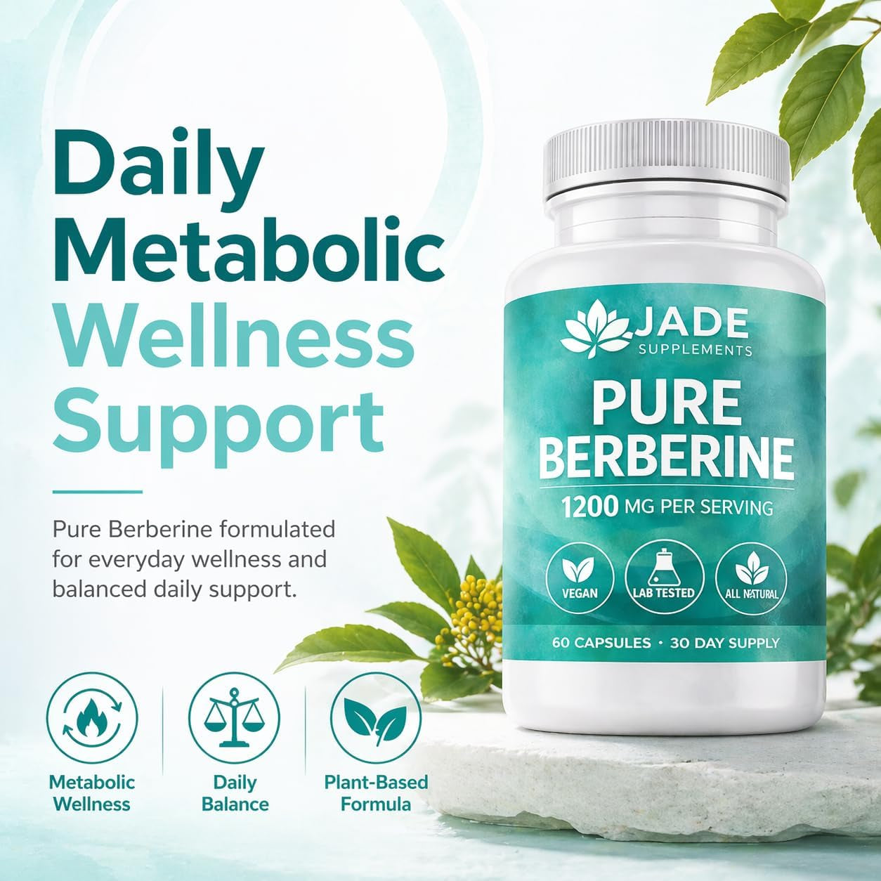 Jade Supplements Pure Berberine, 60 Vegetarian Capsules - Gluten Free & Non-Gmo