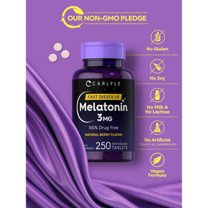 Carlyle Melatonin 3Mg Fast Dissolve Tablets | 250 Count | Low Dose and Drug Free | Vegan, Non-Gmo, Gluten Free