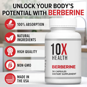 10X Health Berberine Supplement 500Mg - Contains Dihydroberberine Supplement for Better Absorption - Supports Cardiovascular & Gut Health Supplements for Women & Men - 30 Capsules