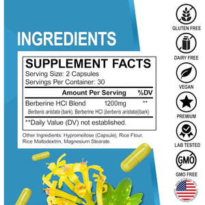 Berberine Supplement Capsules - 1200Mg Berberine HCL Supplement for Healthy Metabolic Support - Premium Natural Complex for Women & Men, Pure Support Capsules Supplements - 60 Pills