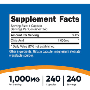 Nutricost Citric Acid 1000Mg (1 Gram), 240 Capsules - Gluten Free, Non-Gmo