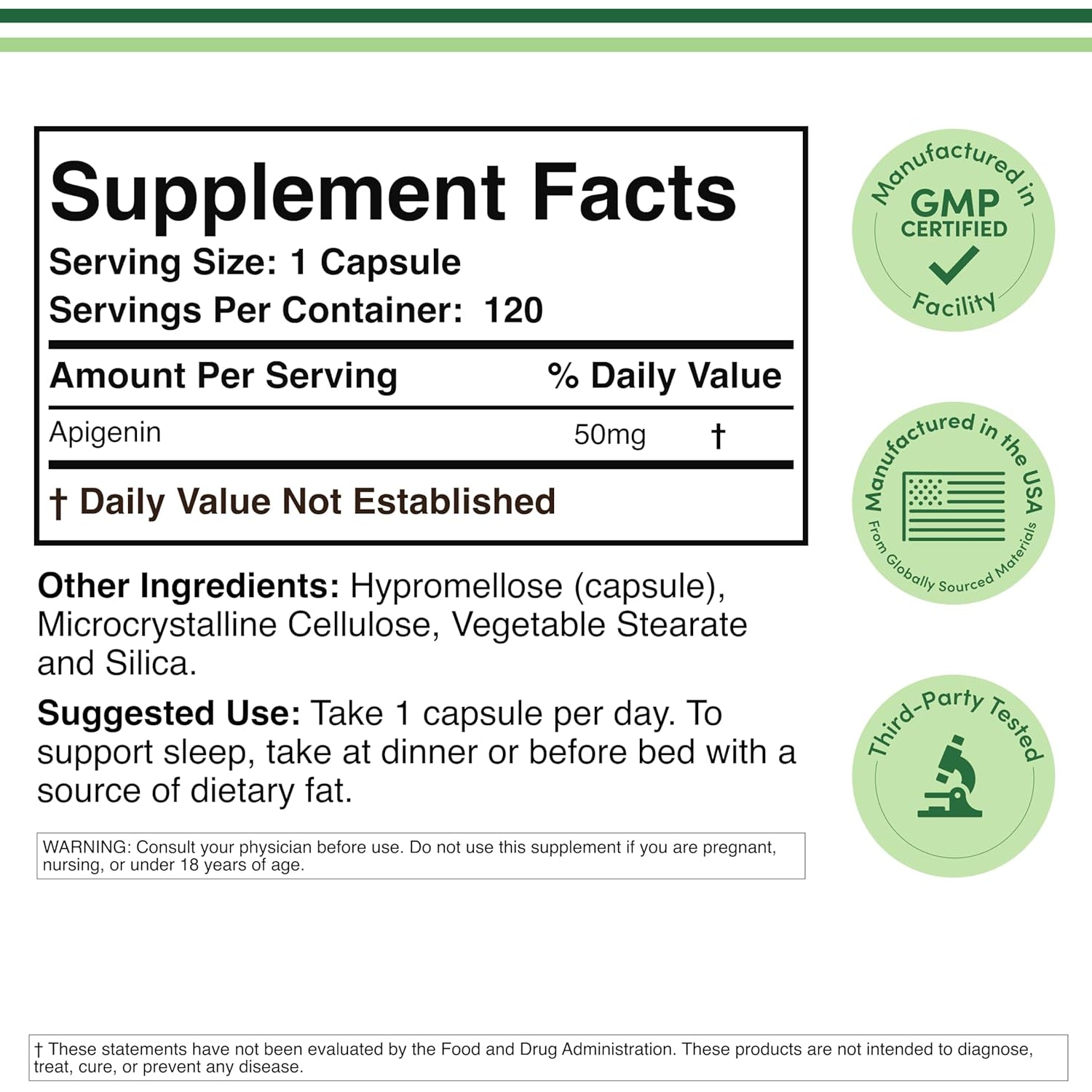 Apigenin Supplement - 50Mg per Capsule, 120 Count (Powerful Bioflavonoid Found in Chamomile Tea for Relaxation, Sleep, and Mood) Senolytic Flavonols for Aging (Gluten Free) by Double Wood