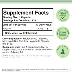 Apigenin Supplement - 50Mg per Capsule, 120 Count (Powerful Bioflavonoid Found in Chamomile Tea for Relaxation, Sleep, and Mood) Senolytic Flavonols for Aging (Gluten Free) by Double Wood