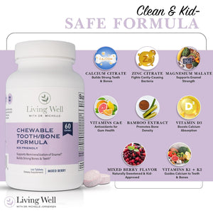 Living Well Kids Calcium & Tooth Support – Chewable Bone Health Vitamins with D3 + K2, Magnesium & Zinc – Strong Teeth & Enamel Defense – Berry Flavor – Fluoride-Free, Non-Gmo