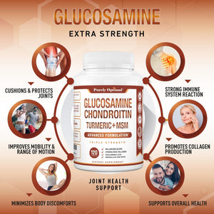 Purely Optimal Glucosamine Chondroitin MSM Supplement W/Turmeric & Boswellia - Glucosamine Sulfate Joint Supplement for Men & Women - 120 Tablets