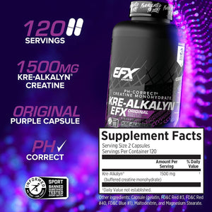 EFX Sports Kre-Alkalyn EFX | Ph Correct Creatine Monohydrate Pill Supplement | Strength, Muscle Growth & Performance | 120 Servings, 240 Capsules