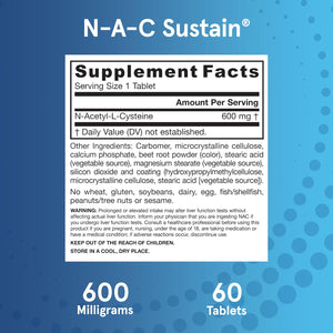 Jarrow Formulas N-A-C Sustain 600 Mg, Dietary Supplement, NAC 600 Mg, an Antioxidant Amino Acid Support for Liver Health, 60 Tablets, 60 Day Supply