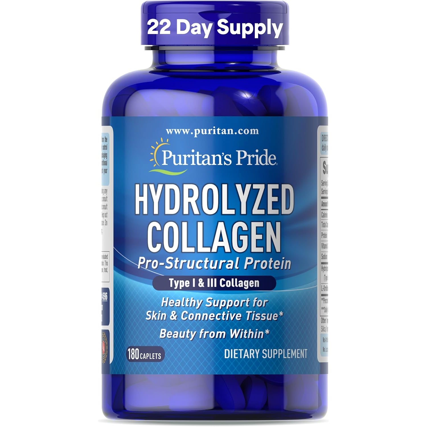 Puritan'S Pride Hydrolyzed Collagen Pro-Structural Protein for Men and Women 1000Mg, Dietary Supplement for Skin, Bones and Joints, 180 Caplets