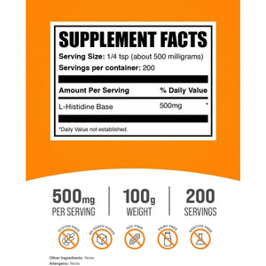 Bulksupplements.Com L-Histidine Powder - as L-Histidine Base, Histidine Supplement - Essential Amino Acid & Gluten Free, 500Mg per Serving, 100G (3.5 Oz) (Pack of 1)