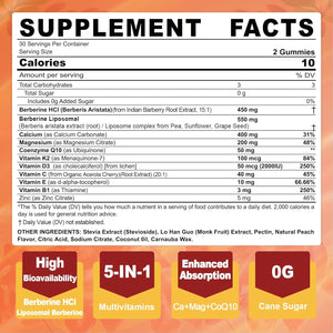 LILICARE Berberine Gummies Sugar Free, Extra Absorption with Liposomal Berberine & Berberine HCI, Calcium, Magnesium, AMPK Activitor for Sugar & Level, Energy, Metabolism,Vegan, Pack of 1