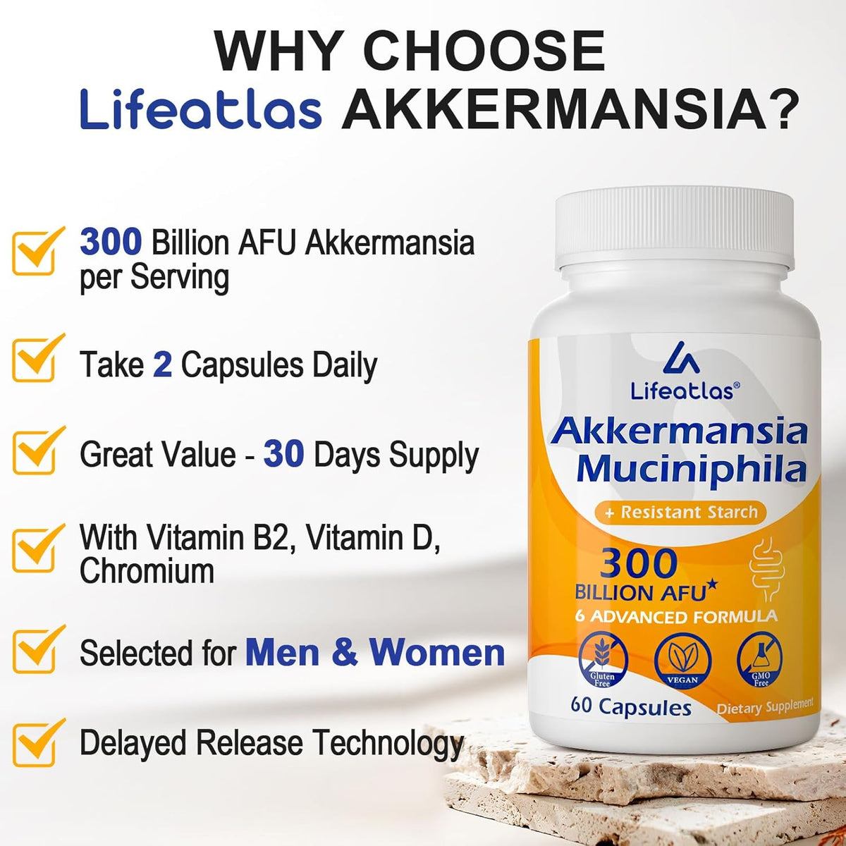 Lifeatlas Akkermansia Supplement Probiotic | Akkermansia with 300 Billion AFU Akkermansia Probiotic, 6-In-1 Akkermansia Probiotics for Women and Men, Daily Akkermansia Supplement, 60 Caps