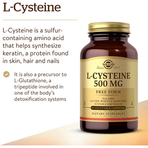 Solgar L-Cysteine 500 Mg, 90 Vegetable Capsules - Free Form Amino Acid - Keratin Support for Skin, Hair & Nails - Glutathione Support - Vegan, Gluten Free, Dairy Free, Kosher - 90 Servings