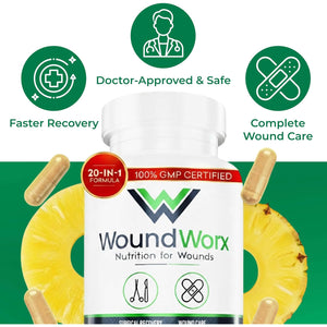 Free Life Labs Woundworx Nutrition-Scar and Surgery Support, Wound Care, General and Plastic Surgery, Faster Healing W/Vitamins, Amino Acids, Collagen, Probiotics, Turmeric, Bromelain-90 Caps
